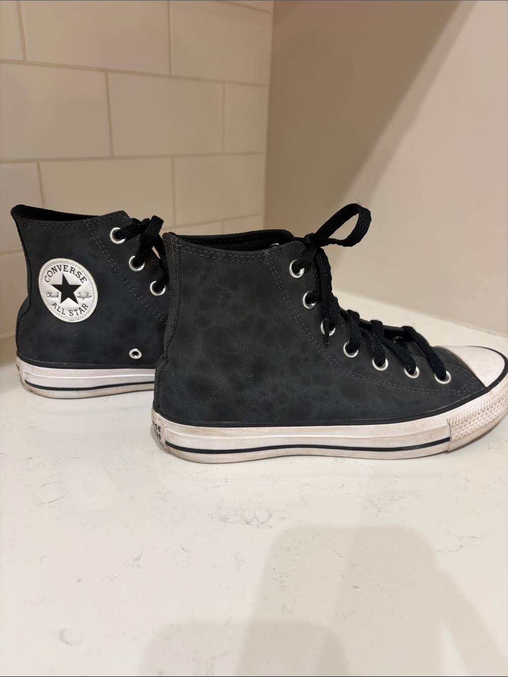Converse Black High Top Sneakers with White Toe: Top is leather( see tag)